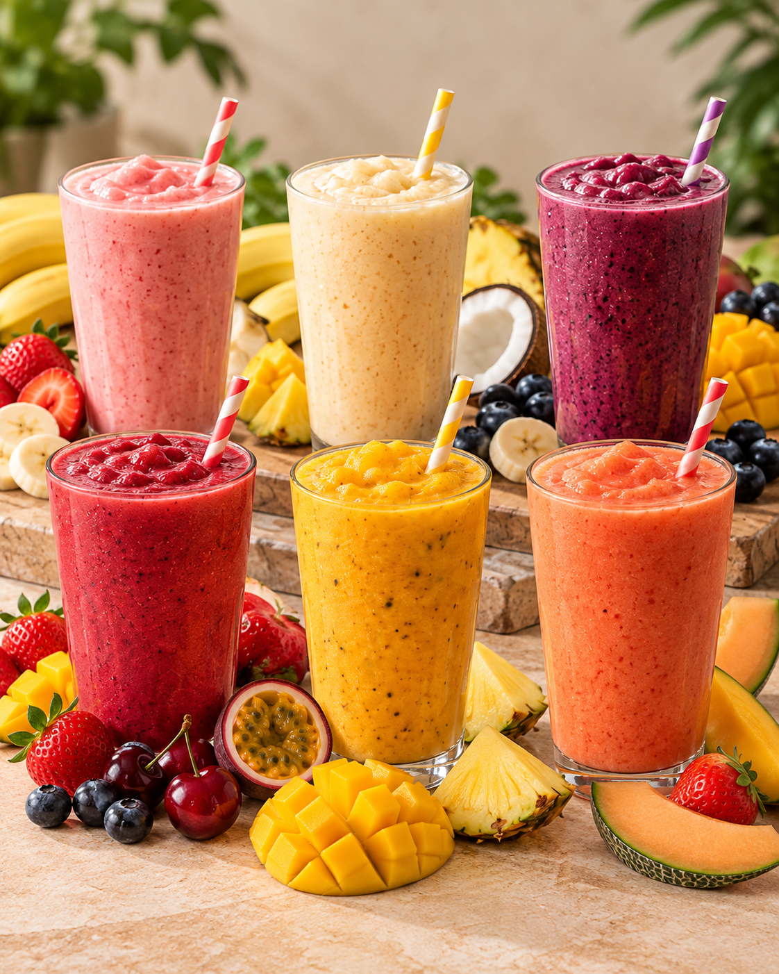 Seis smoothies Huri com fruta fresca
